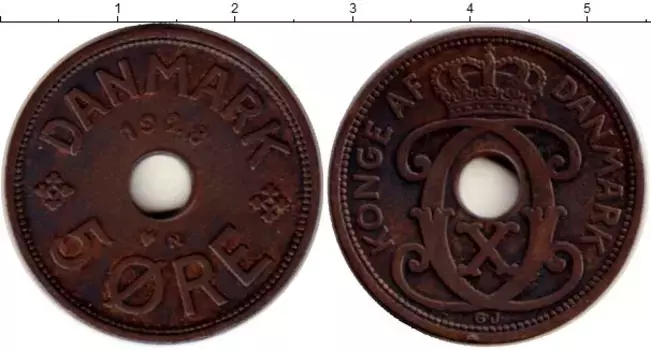 Монета 5 эре Дании 1928 года Бронза Кристиан Х