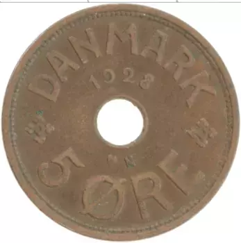 Монета 5 эре Дании 1928 года Бронза Кристиан Х