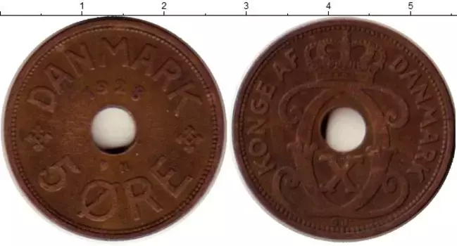 Монета 5 эре Дании 1928 года Медь Кристиан Х