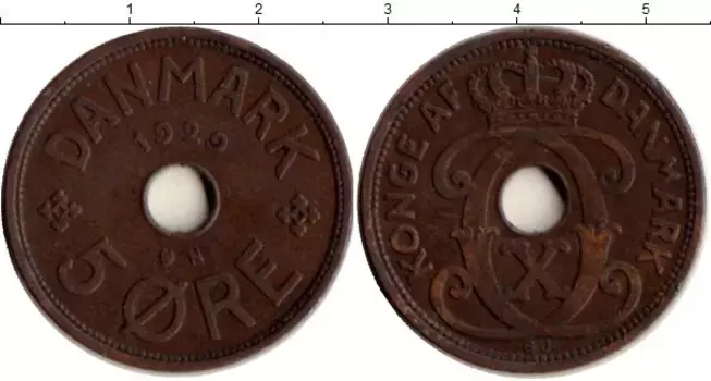 Монета 5 эре Дании 1929 года Бронза Кристиан Х
