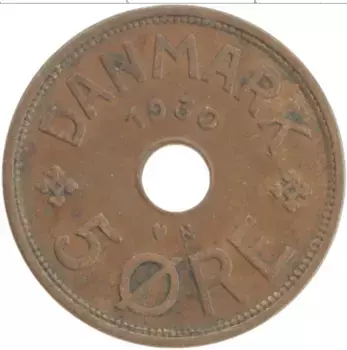Монета 5 эре Дании 1930 года Бронза Кристиан Х