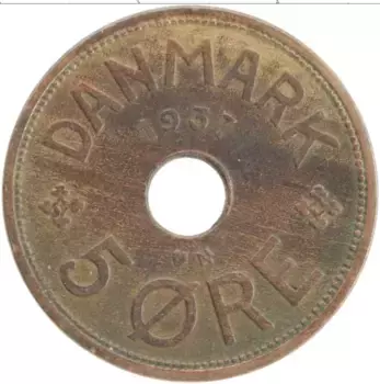 Монета 5 эре Дании 1937 года Бронза Кристиан X