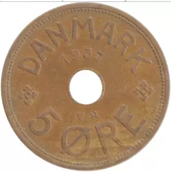 Монета 5 эре Дании 1937 года Бронза Кристиан X