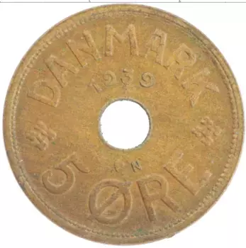 Монета 5 эре Дании 1939 года Бронза Кристиан X