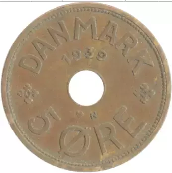 Монета 5 эре Дании 1939 года Бронза Кристиан X