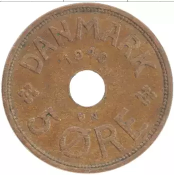 Монета 5 эре Дании 1940 года Бронза Кристиан Х