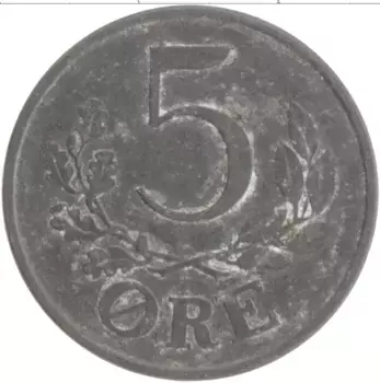 Монета 5 эре Дании 1943 года Цинк Кристиан X