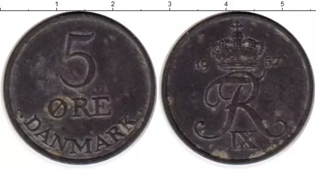 Монета 5 эре Дании 1957 года Цинк Фредерик IX