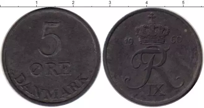 Монета 5 эре Дании 1960 года Цинк Фредерик IX