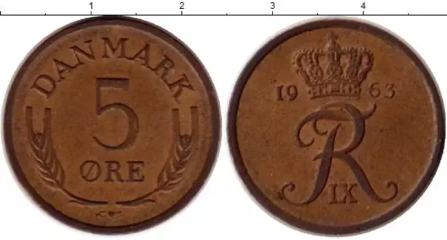 Монета 5 эре Дании 1963 года Медь Фредерик IX