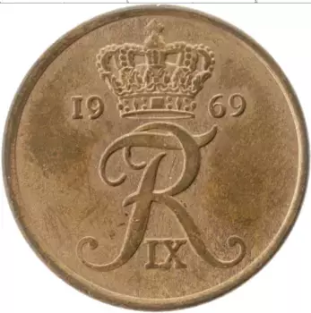 Монета 5 эре Дании 1969 года Латунь