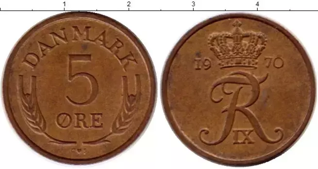 Монета 5 эре Дании 1970 года Бронза Фредерик IX
