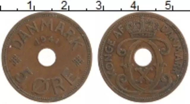Монета 5 эре Фарерских островов 1941 года Бронза Кристиан X
