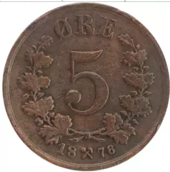 Монета 5 эре Норвегии 1876 года Бронза Оскар II