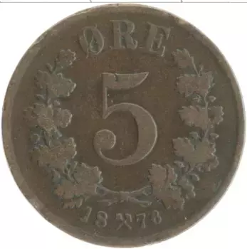 Монета 5 эре Норвегии 1876 года Бронза Оскар II