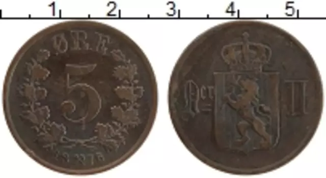 Монета 5 эре Норвегии 1876 года Бронза Оскар II