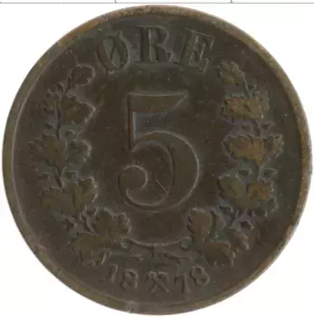 Монета 5 эре Норвегии 1878 года Бронза Оскар II