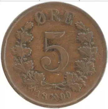Монета 5 эре Норвегии 1899 года Бронза Оскар II