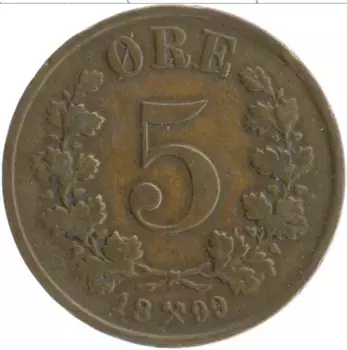 Монета 5 эре Норвегии 1899 года Бронза Оскар II