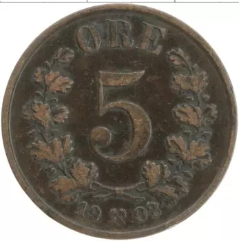 Монета 5 эре Норвегии 1902 года Бронза Оскар II