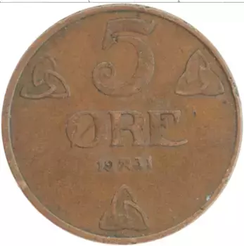 Монета 5 эре Норвегии 1931 года Бронза Хокон VII
