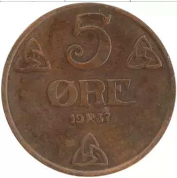 Монета 5 эре Норвегии 1937 года Бронза Хокон VII