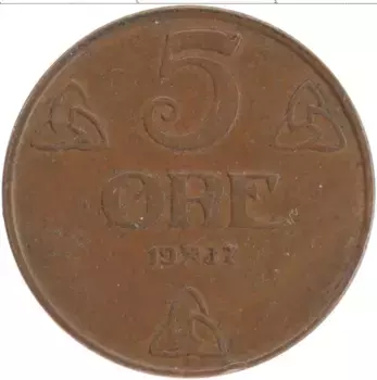 Монета 5 эре Норвегии 1937 года Бронза Хокон VII