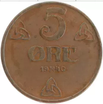 Монета 5 эре Норвегии 1940 года Бронза Хокон VII