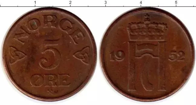 Монета 5 эре Норвегии 1952 года Бронза Хокон VII