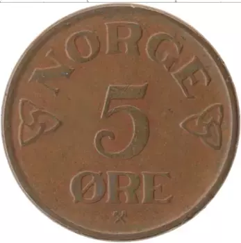 Монета 5 эре Норвегии 1952 года Бронза Хокон VII
