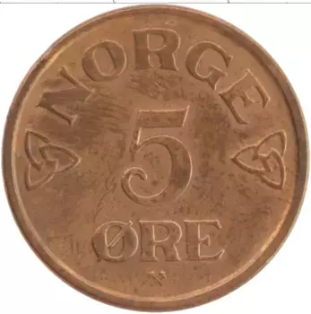 Монета 5 эре Норвегии 1953 года Бронза Хокон VII