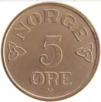 Монета 5 эре Норвегии 1953 года Бронза Хокон VII