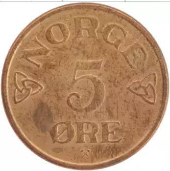 Монета 5 эре Норвегии 1954 года Бронза Хокон VII