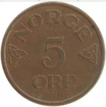 Монета 5 эре Норвегии 1955 года Бронза Хокон VII