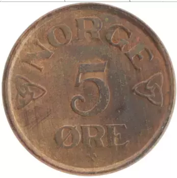Монета 5 эре Норвегии 1957 года Бронза Хокон VII