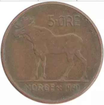 Монета 5 эре Норвегии 1960 года Бронза Улаф V