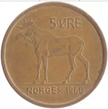 Монета 5 эре Норвегии 1960 года Бронза Улаф V