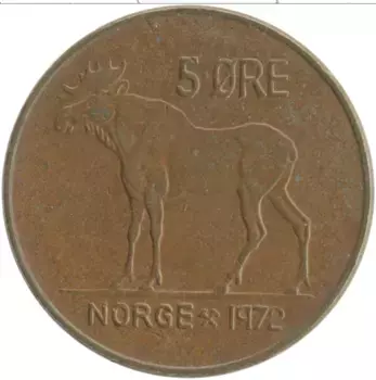 Монета 5 эре Норвегии 1972 года Бронза Олаф V