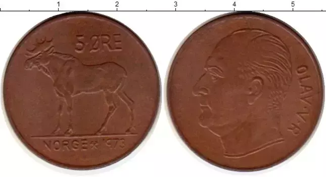 Монета 5 эре Норвегии 1973 года Бронза Лось, Улаф V