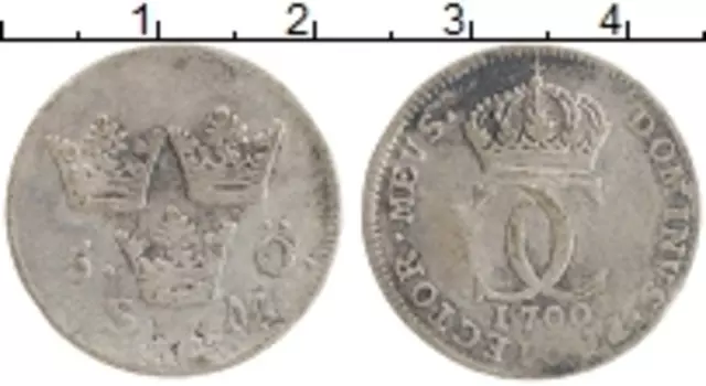 Монета 5 эре Швеции 1700 года Серебро Карл XII