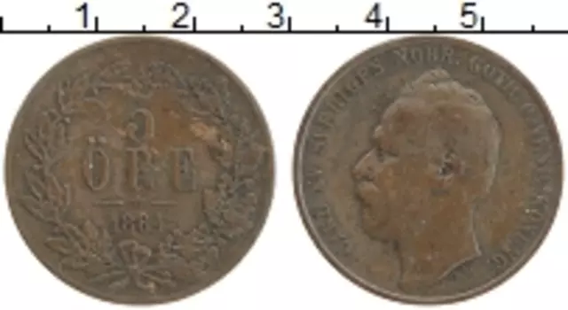Монета 5 эре Швеции 1864 года Медь Карл XV