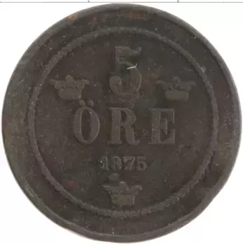 Монета 5 эре Швеции 1875 года Бронза Оскар II