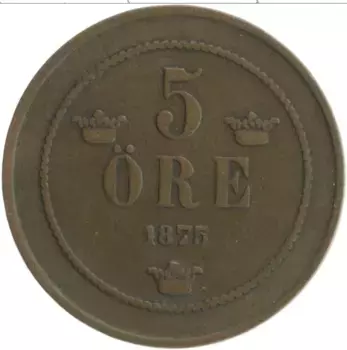 Монета 5 эре Швеции 1875 года Бронза Оскар II