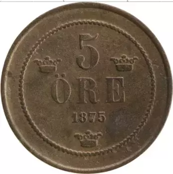 Монета 5 эре Швеции 1875 года Медь Оскар II