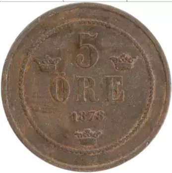Монета 5 эре Швеции 1878 года Медь Оскар II