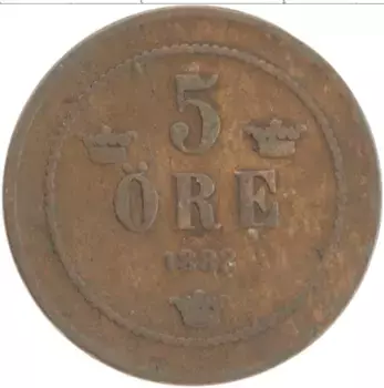 Монета 5 эре Швеции 1882 года Бронза Оскар II