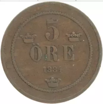 Монета 5 эре Швеции 1884 года Бронза Оскар II
