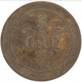 Монета 5 эре Швеции 1887 года Бронза Оскар II