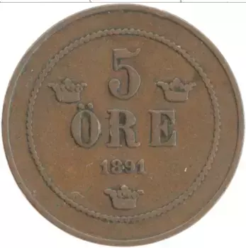 Монета 5 эре Швеции 1891 года Бронза Оскар II