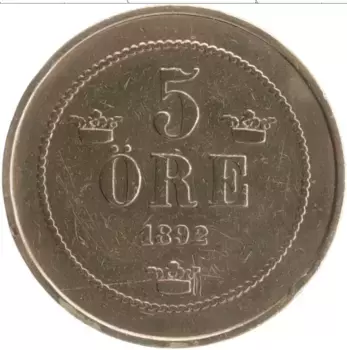 Монета 5 эре Швеции 1892 года Бронза Оскар II